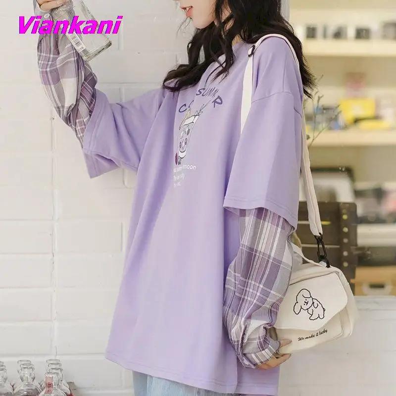 

Женские рубашки с имитацией двух предметов, осенние корейские фиолетовые футболки, новинка 2022, Модные свободные универсальные студенчески...