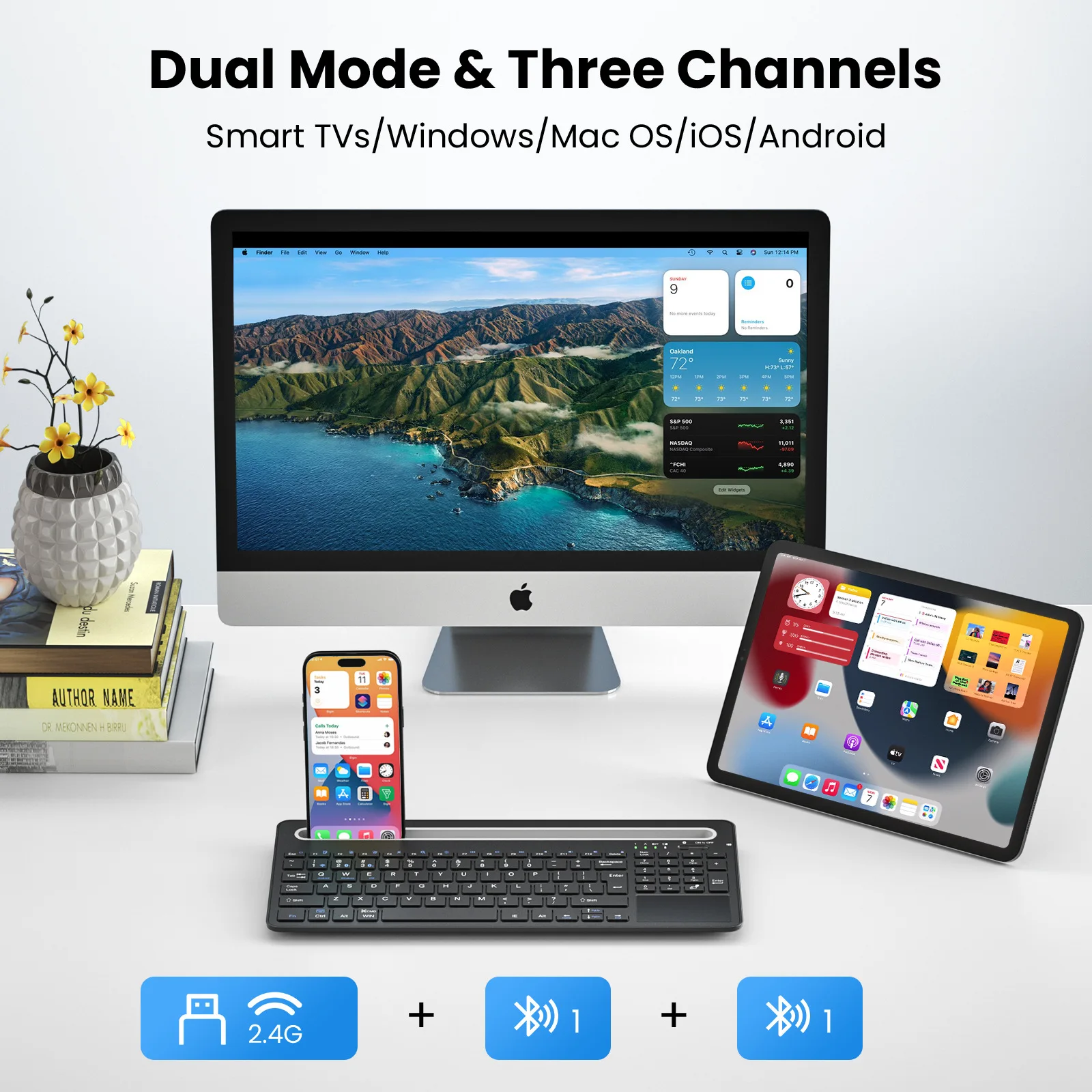 Фото Беспроводная клавиатура 2,4G с тачпадом, подходит для планшета ipad Android HuaweiТрежимный кронштейн, большой слот для карт, Bluetooth №3