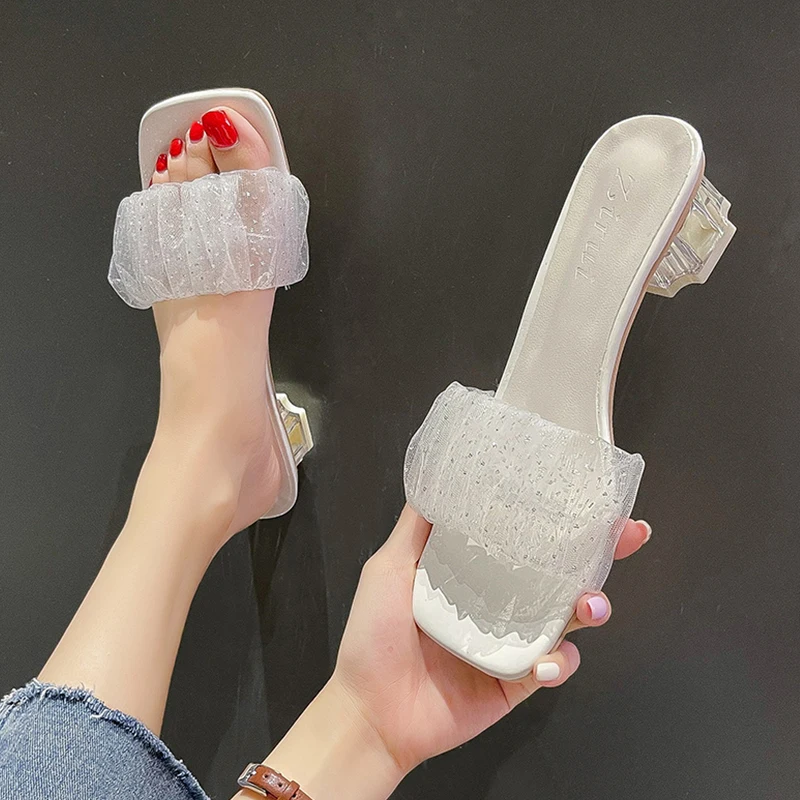 

String Bead Low Square heel Shoes Slippers Flat Luxury Slides Slipers Women Block Designer 2022 Spring Rome Fashion PU Hoof