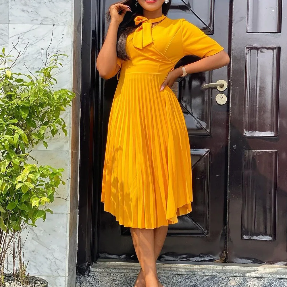 

2022 Summer New Dress Women V-neck Tie Solid Color High Waist Pleated African Dresses Plus Size Ladies European American Clothes