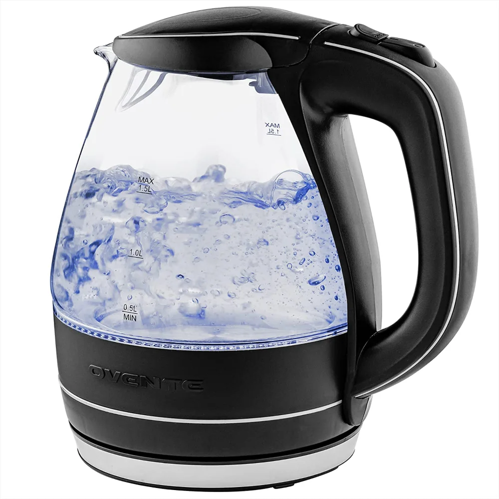 

Portable Electric Glass Kettle 1.5 Liter with Blue LED Light and Stainless Steel Base, Fast Heating Countertop Tea