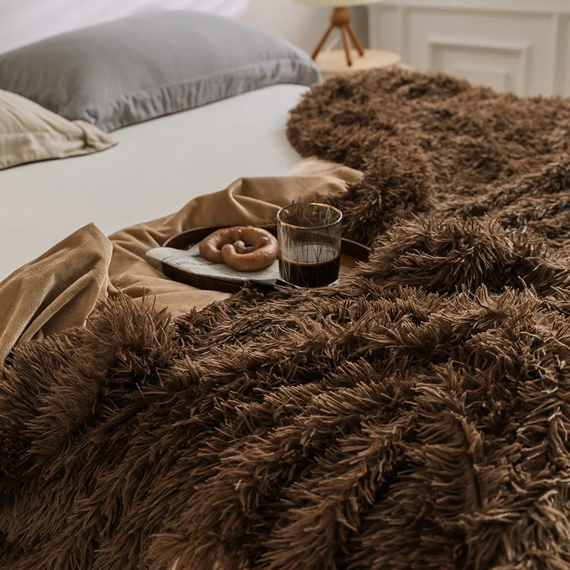 Фото Brown/Green/Pink Soft Faux Fur Throw Blanket Sherpa Blanket Warm Cozy Bedspread Fluffy Sofa Bedding Airplane Hotel Throw Sofa №1