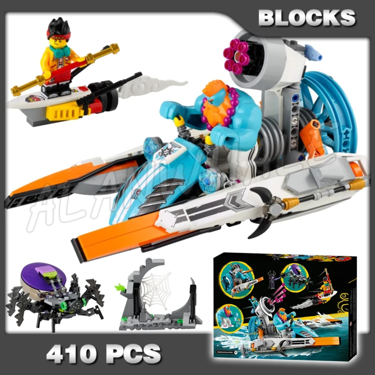 

410pcs Monkie Kid Sandy Speedboat Rescue Spider Cave Mech Robots 11574 Building Blocks Toys Gifts Compatible With Model