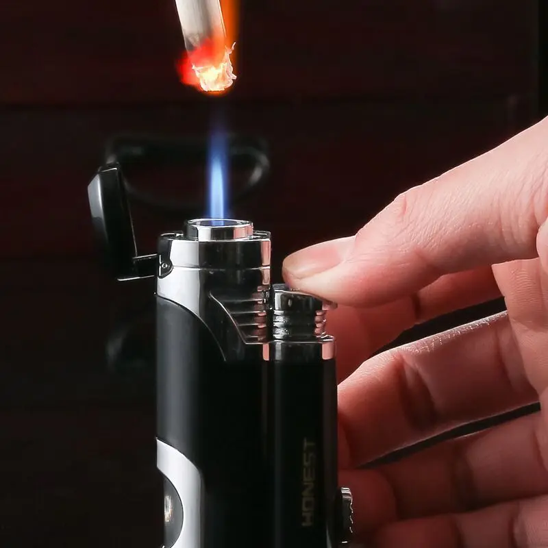 

Dual Jet Blue Flame Cigar Lighters Metal Double Torch Butane Gas Windproof Turbo Lighter Straight Fire Smoking Gadget Men's Gift