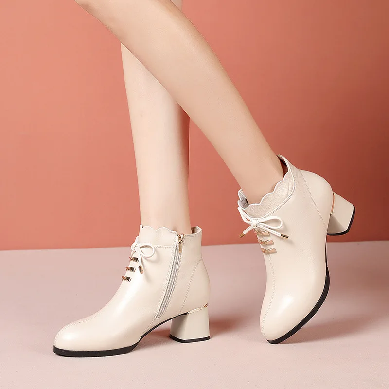 2022 OL Fashion Work Pumps For Women Office Shoes Modern Boots Autumn Bow Mid Heels Pointed-toe Female Short Boots Ankle Boots