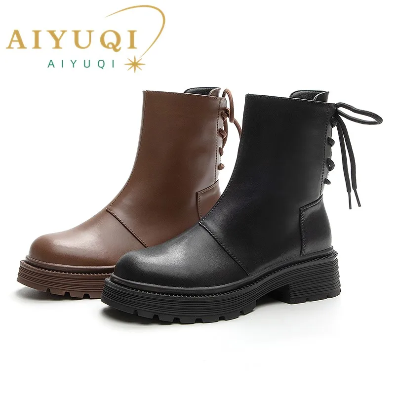

AIYUQI Marton Boots Women British Style 2023 Winter Genuine Leather Women Booties Back Lace-up Platform Trend Women Ankle Boots