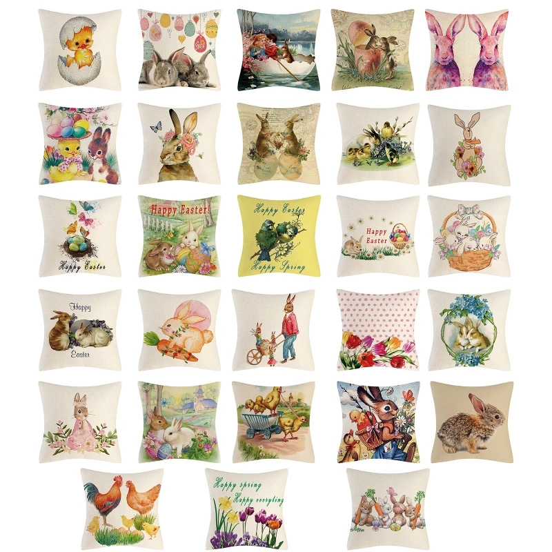 

Happy Easter Pillow Cover Linen Bunny Flower Chick Egg Pillowcase Cushion Covers for Home Bedroom Office Sofa Decoration M4YD