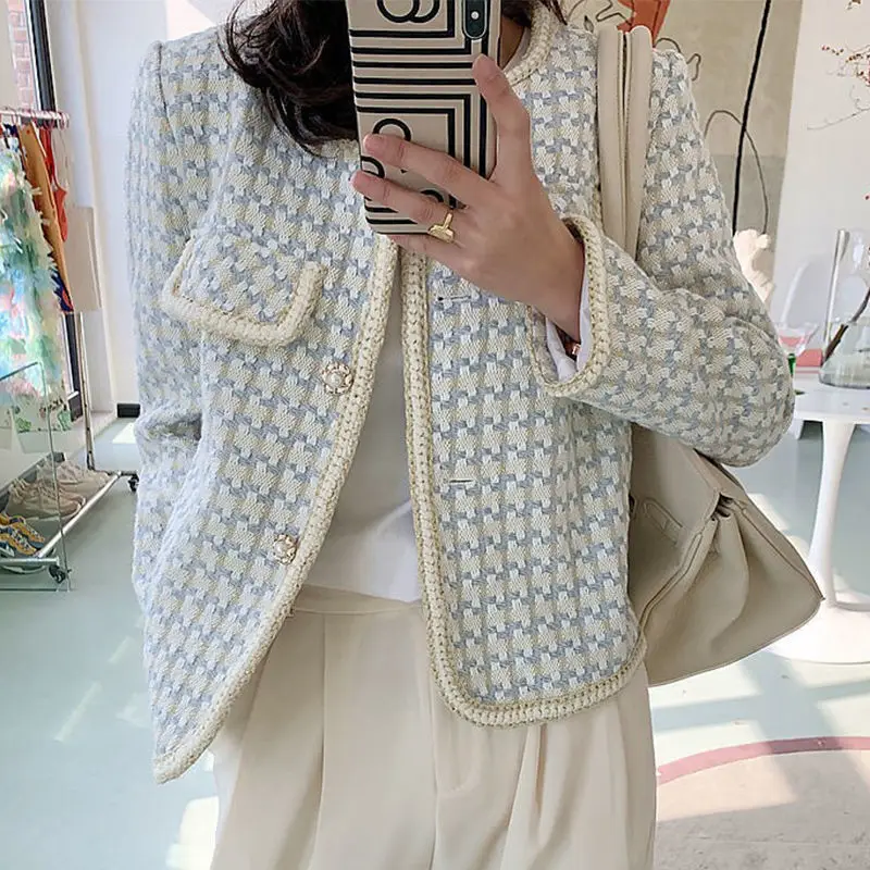 

High Quality Korean Fashion Vintage Tweed Jacket Coat Women's Spring Autumn Casual High Street Short Coat Plaid Outwear E136