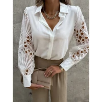 satin hollow out fashion womens shirt lace patchwork lapel fashion sexy chic office ladies shirts 2022 summer white button top