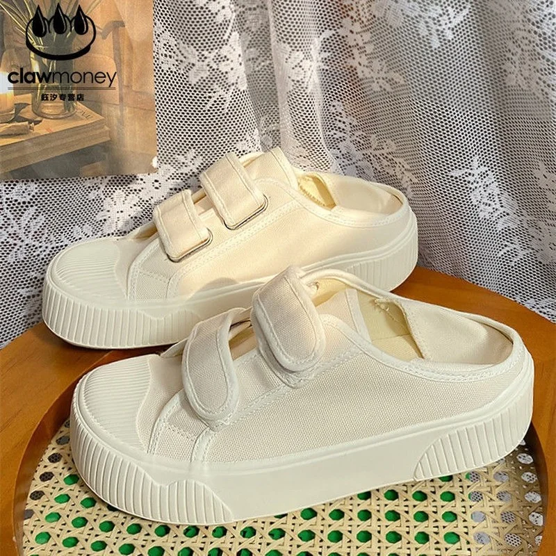 QWEEK White Casual Vulcanize Shoes Women's Sneakers 2023 Korean New Summer Platform Flat Sports Canvas Running Rubber Tennis