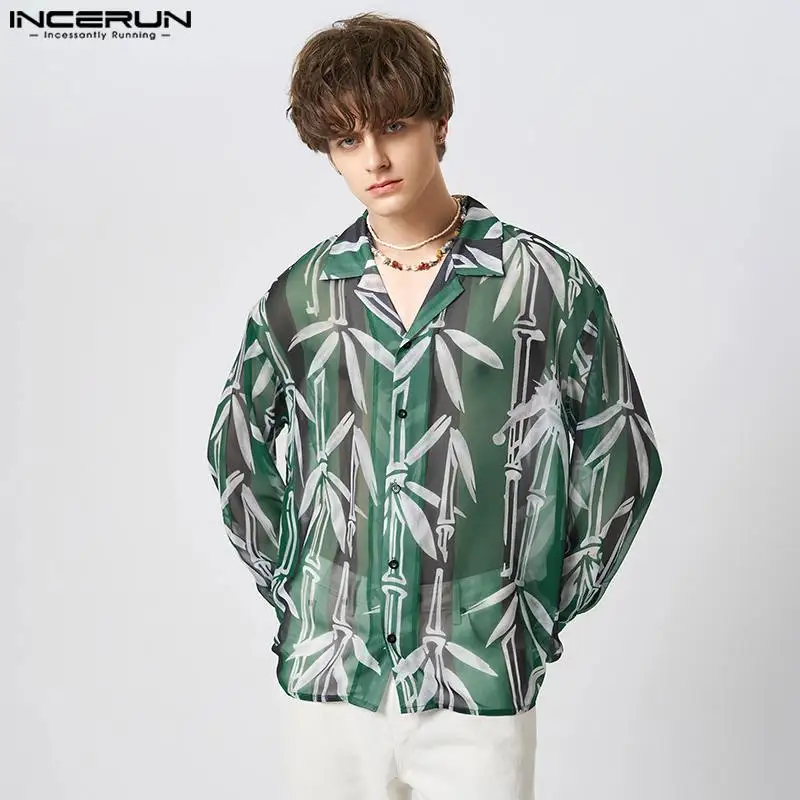 

INCERUN Men Shirt Printing Lapel Long Sleeve Button Loose Transparent Sexy Party Camisas 2023 Streetwear Fashion Men Clothing