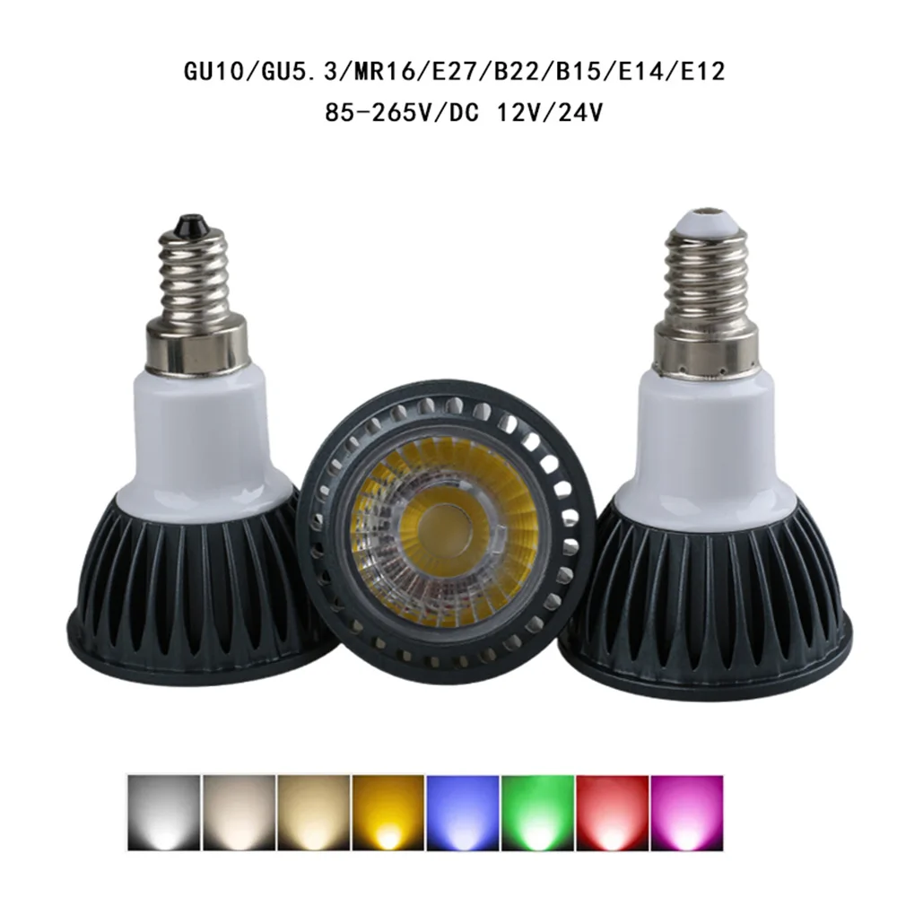 

Mini LED Spotlight AC85-265V Dimmable Bulbs E12 E14 E27 B22 B15 GU10 GU5.3 MR16 LED Lamp 5W Aluminum Bulb 8 Colors Optional