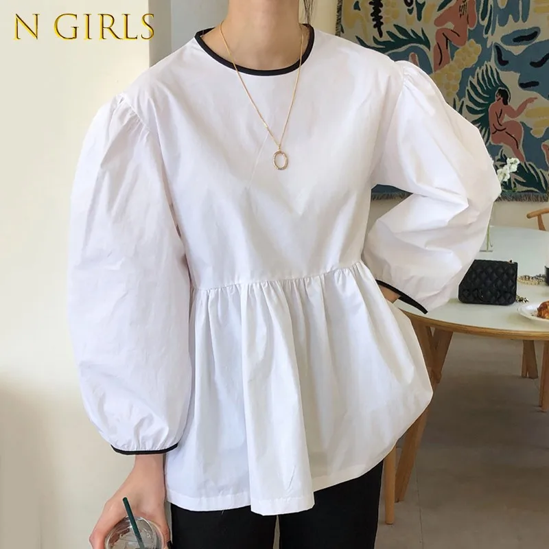 N GIRLS Loose Contrast Color Lace Up Round White Doll Shirts Tops Blusas Mujer Casual Fashion Wild Puff Long Sleeve Black Ruched