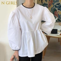 n girls loose contrast color lace up round white doll shirts tops blusas mujer casual fashion wild puff long sleeve black ruched