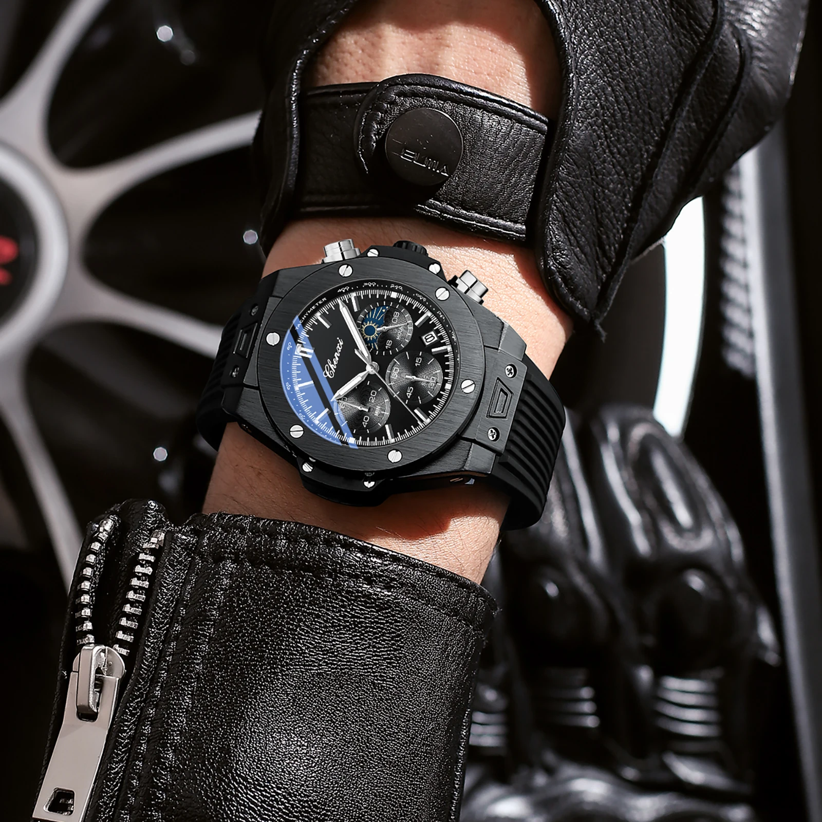 Фото Мужские часы, высококачественные водонепроницаемые спортивные хронографы, кварцевые наручные часы, силиконовый ремешок, календарь, светящиеся часы для мужчин №3