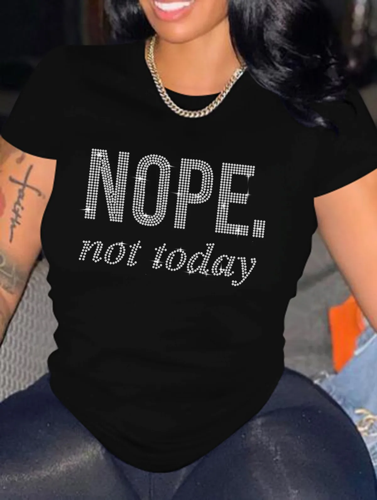 

New short sleeve Rhinestone lettering T-shirt