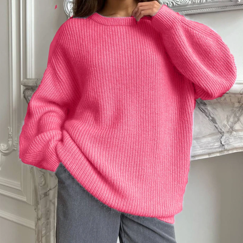 Женский свободный свитер с круглым вырезом однотонный пуловер на осень и зиму 2024