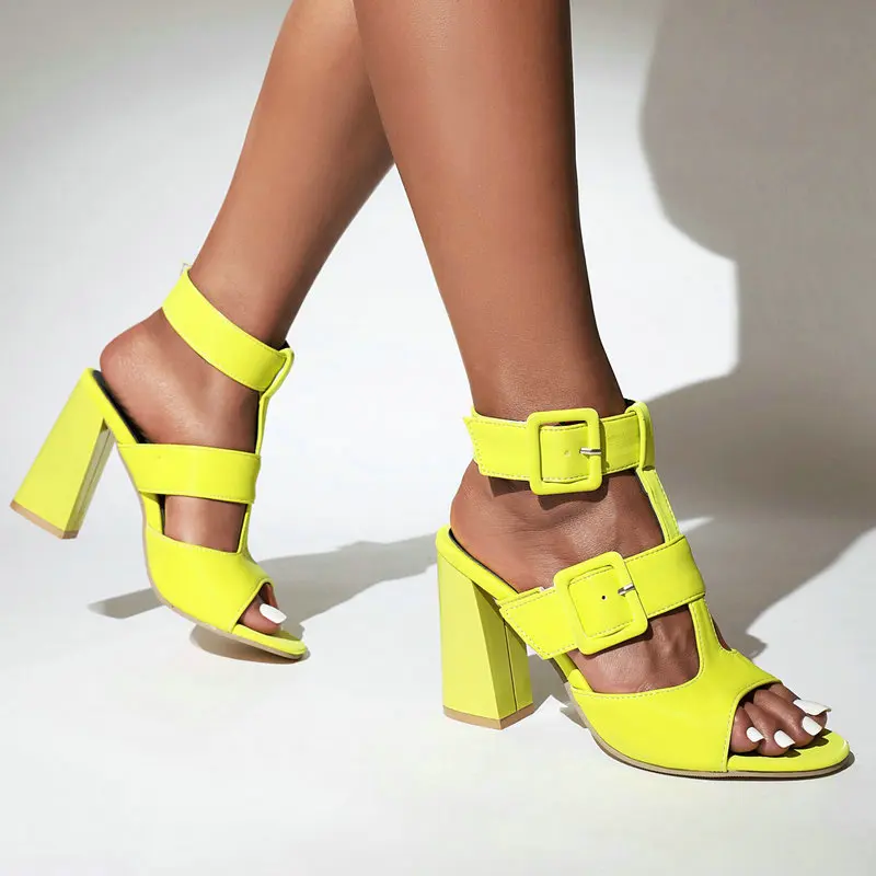 Neon Yellow Green Color Buckle Strap Sexy Designer Womens Summer Shoes Open Toe Block High Heels Party Dress Pumps Lady Sandals