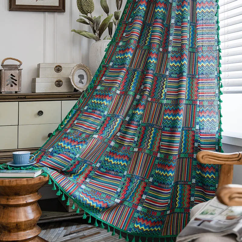

Semi Blackout Curtains for Kitchen Living Room Bedroom Home Decoration Curtains Boho Style Yarn-dyed Blue Green Geometric Print