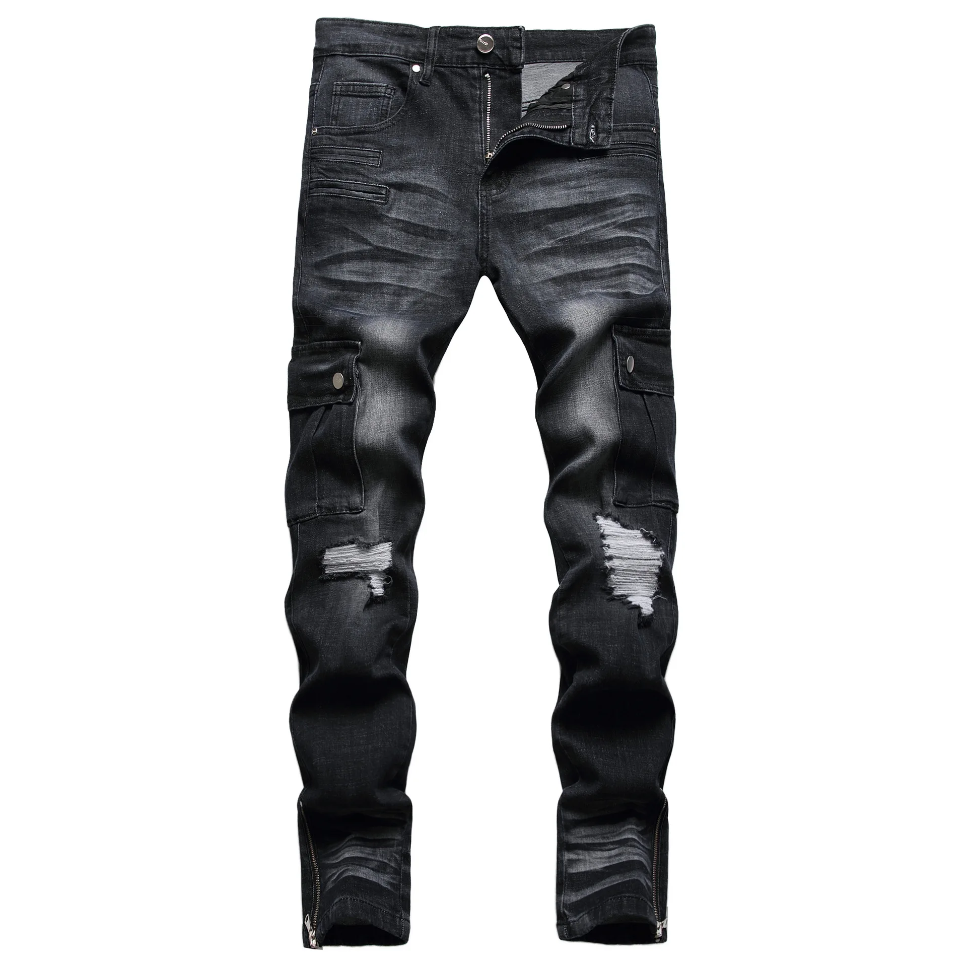 2023 New Spring Fall Men Pants Pocket Wash Black Jeans Male Denim Mid Waist Fahsion Cargo Holes Straight Leg Slim Beard Jeans