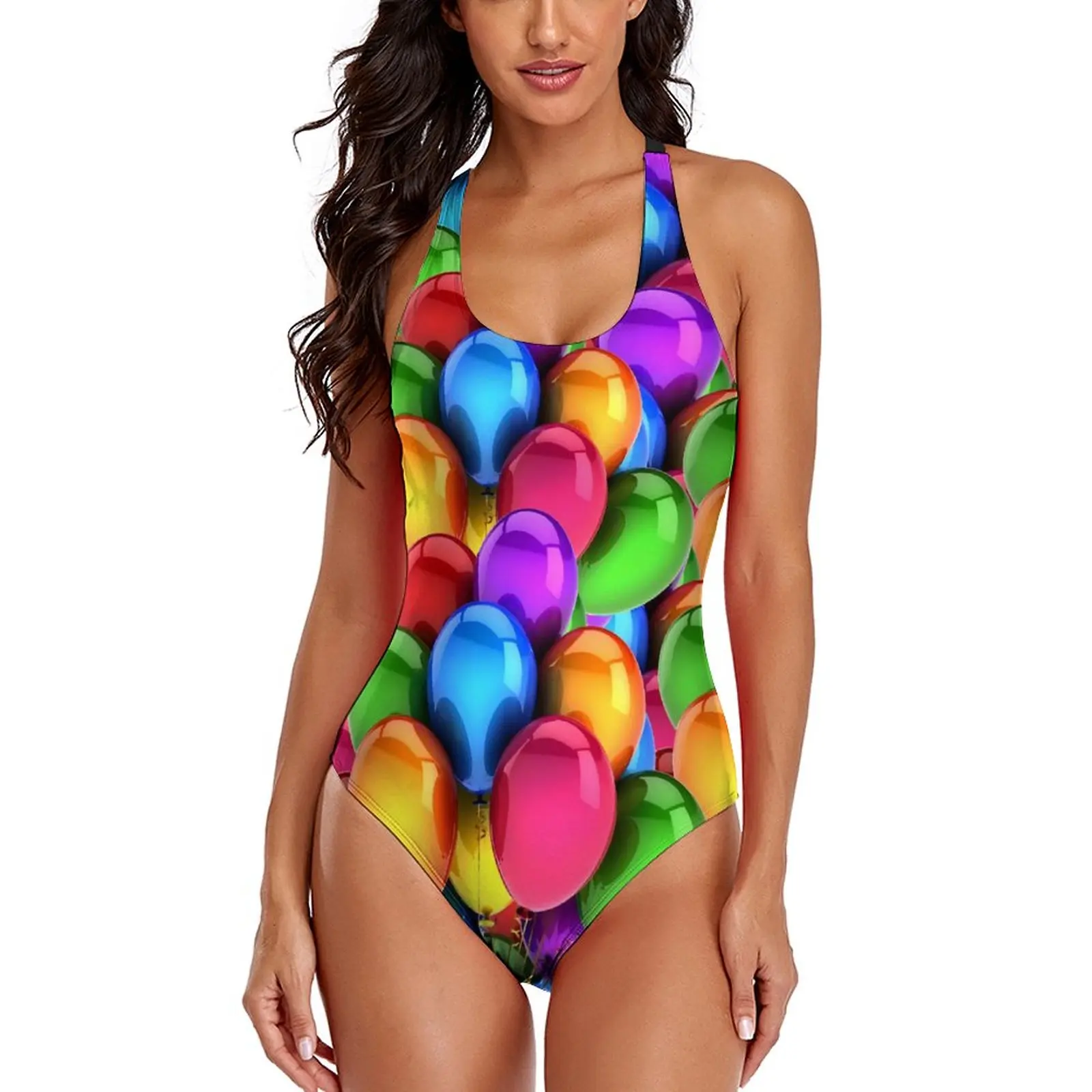 

Balloon Bouquet Swimsuit Colorful Print One-Piece Swimwear Push Up Swim Bathing Suits Sexy Cross Back Swimsuits Woman Beach Wear