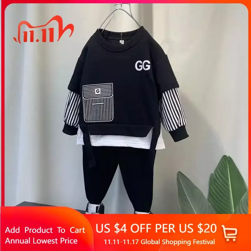 

2-12Y Kids Clothes Boy Sets Children Stripe Baby Long Sleeve Sweatshirt and Pants Suit Sweatshirt Trousers Outfits Sport Suits