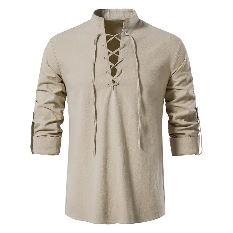 Mens Cotton Linen Medieval Gothic Renaissance Shirts Long Sleeve Viking Pirate Costume Top Shirt Men Casual Chemise Homme XXL