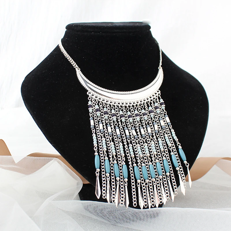 

Ethnic Geometric Beaded Long Tassel Chain Pendant Necklace for Women Bohemia Fashion Trendy Long Chain Statement Necklace