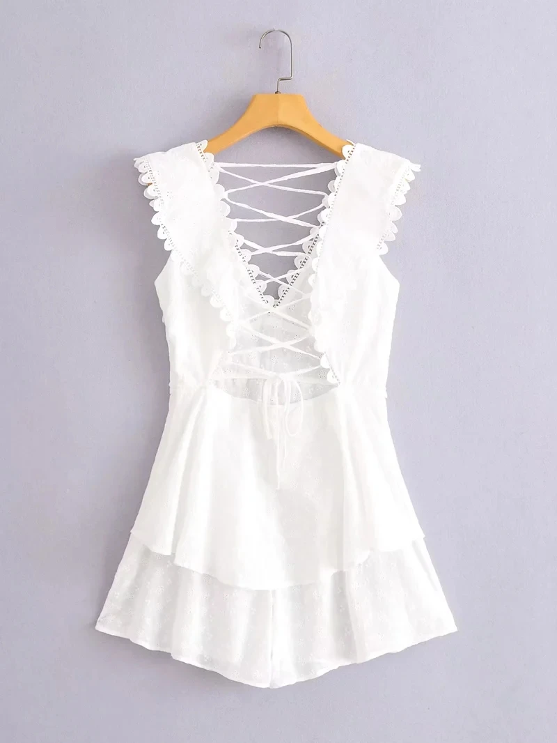 Jenny&Dave Embroidery V-neck Sexy Indie Folk Boho Backless Vintage Lace Cotton Sexy Casual Playsuits Women