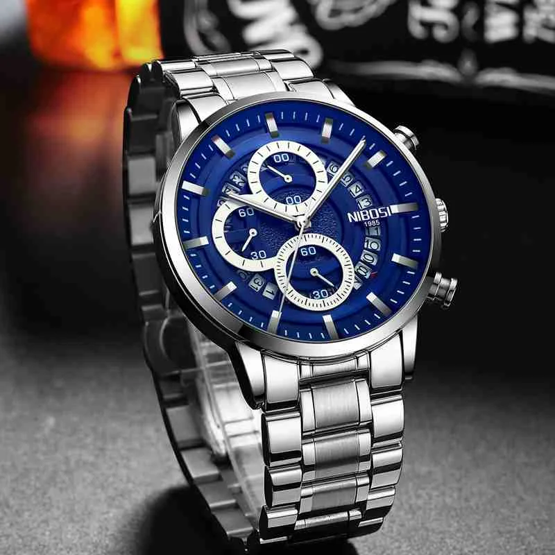 

NIBOSI Fashion Mens Watches Top Luxury Brand Silver Stainless Steel 30m Waterproof Quartz Watch Men Army Luminous Chronograph