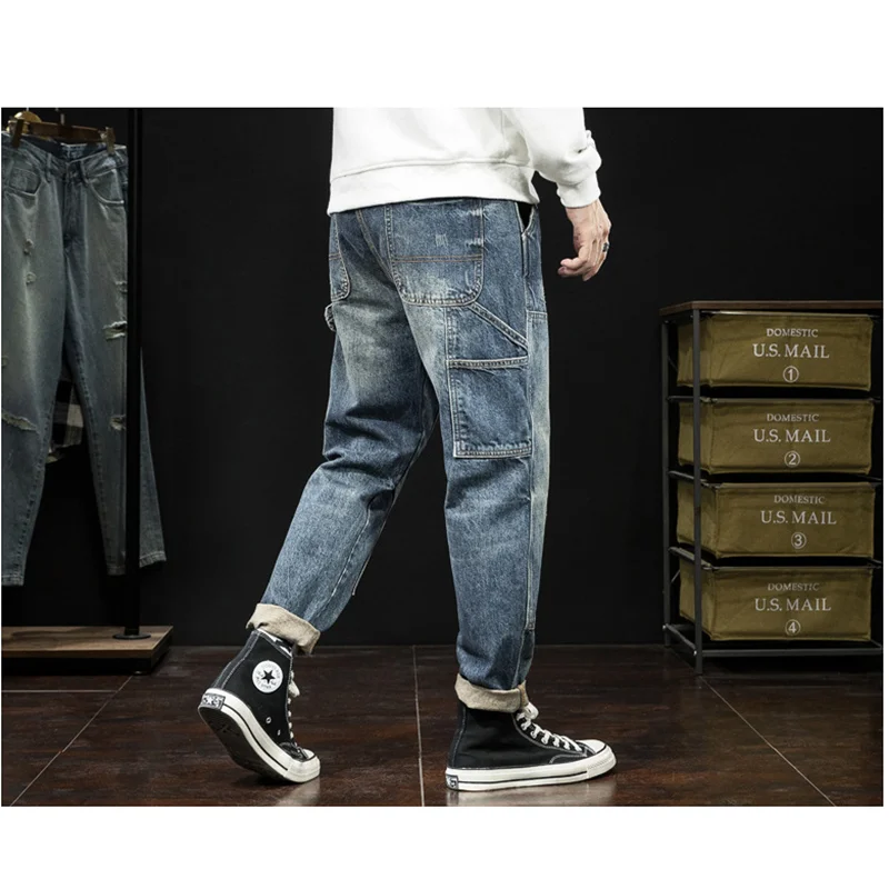 Streetwear Men New Pattern Recreational  Straight Cylinder  Black Jeans Multiple Pockets Large  Loose Trousers Autumn Female Sex