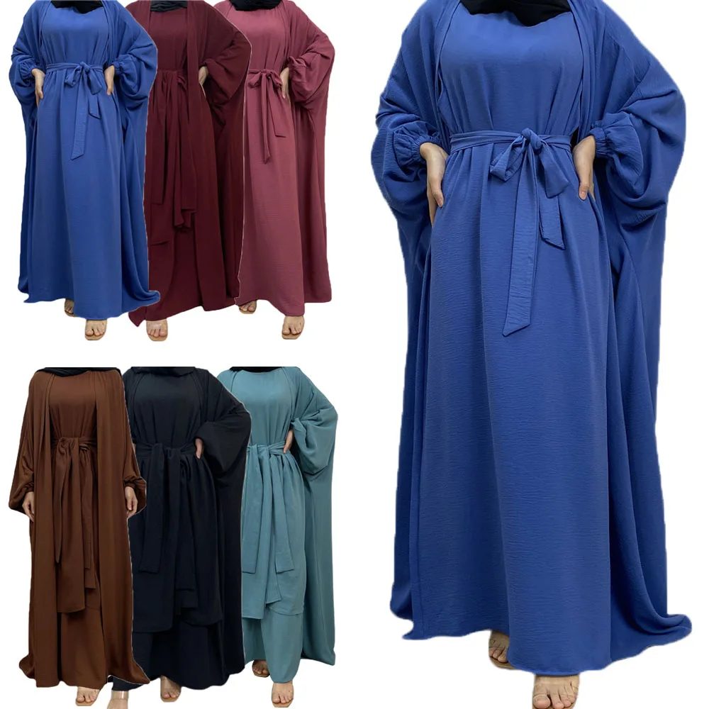 

3 Piece Crepe Matching Muslim Sets Abayas for Women Dubai Turkey Open Abaya Set Hijab Inner Dress with Wrap Skirt Islam Clothing