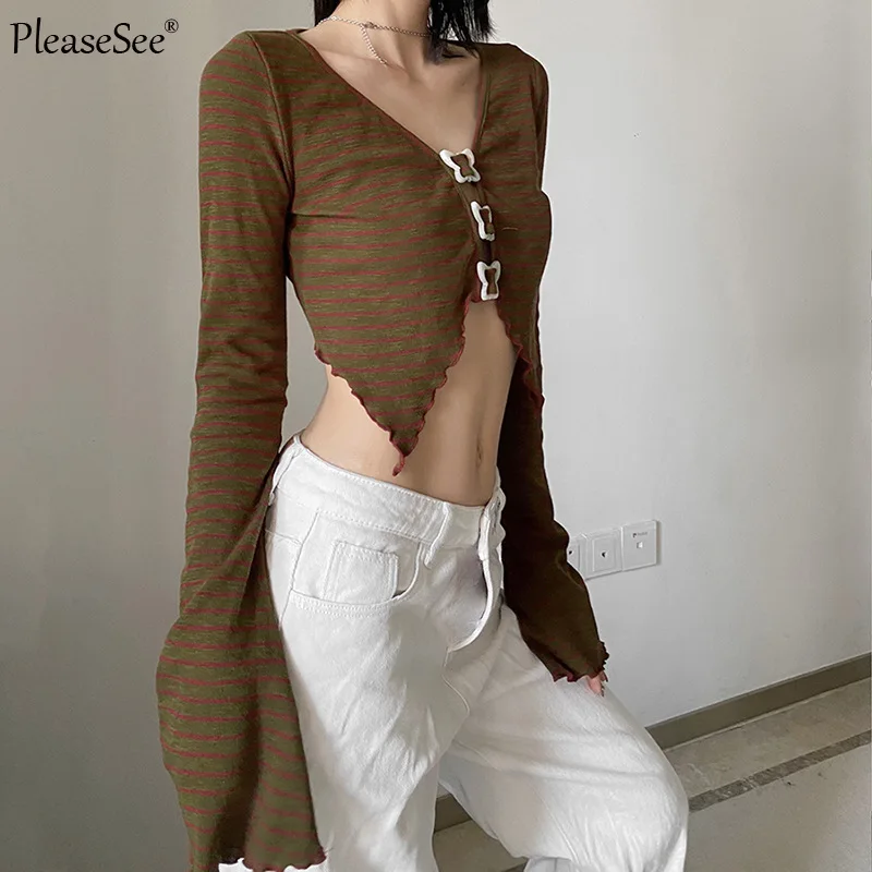 Женский винтажный кардиган в полоску короткий топ с расклешенными рукавами