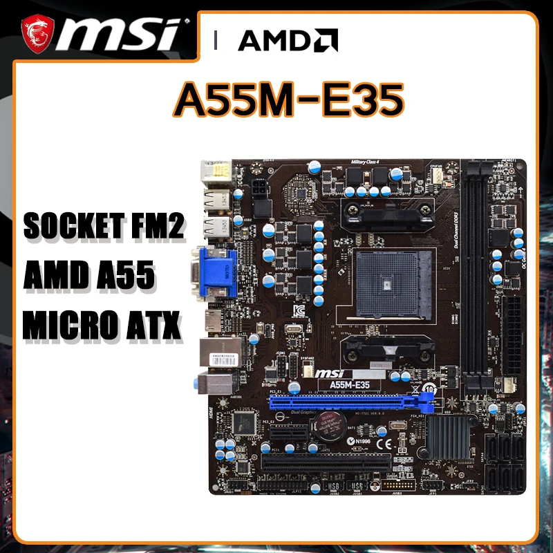 

MSI A55M-E35 Socket FM2+ Motherboard DDR3 Motherboard 32GB AMD A55 PCI-E 2.0 SATA 2 USB2.0 Micro ATX For A-Series A6 PRO-7400B