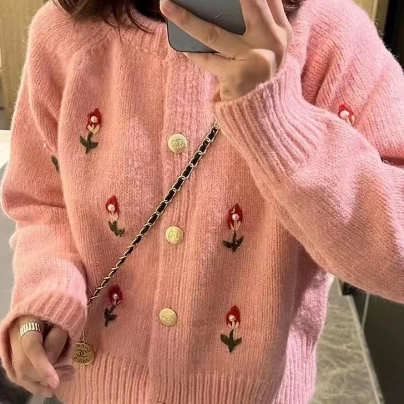 

Beading Embroidery Flower Knitted Cardigan Sweater Women Autumn Long Sleeve Top Y2k O-Neck pink cardigans Coat Women's Clothing
