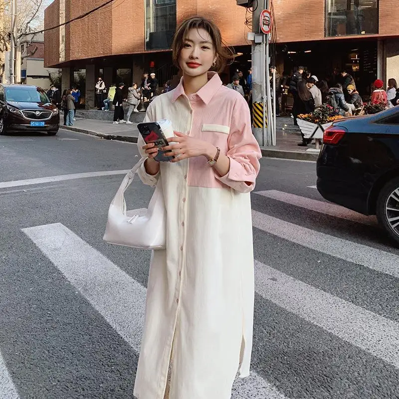 

SuperAen 2022 Pink Color Matching Shirt Long Sleeve Dress Women Autumn Silk Sweet Loose Buttons Up Shirt Dress