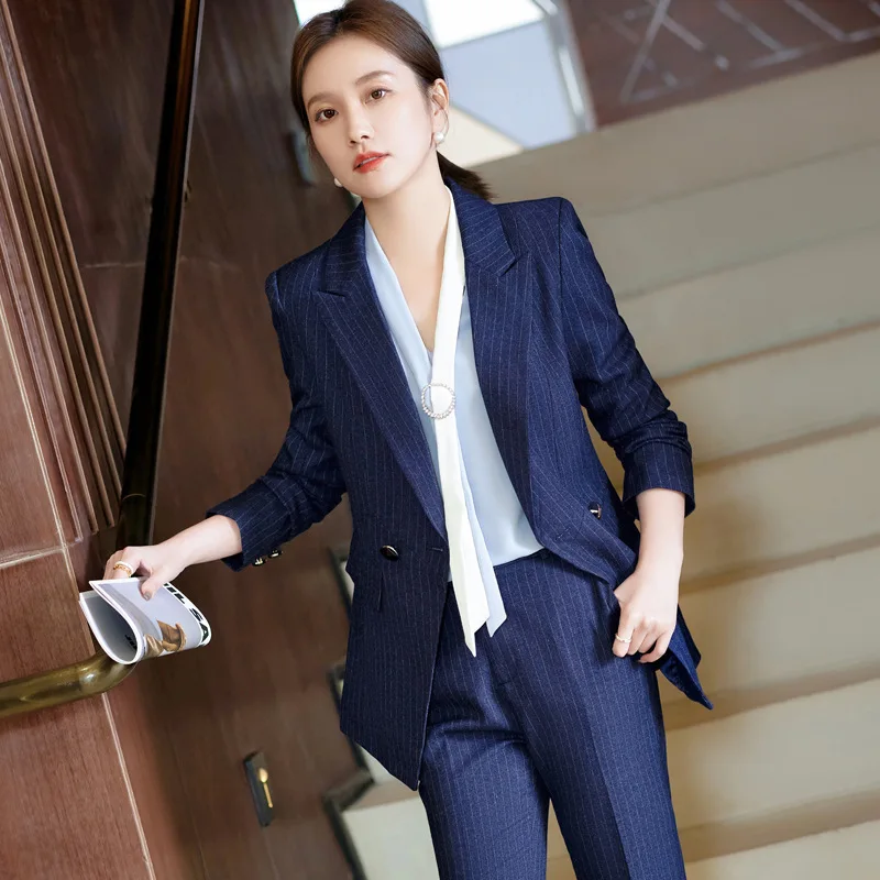 

966 Blue Striped Suit Korean Style Temperament Office Suits Business Formal Wear Hotel Front Desk Interview Business Wear