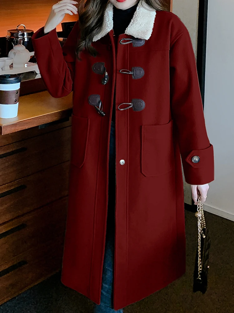 

Vintage Loose And Thickened Woolen Coat Cow Horn Button Long Coat 2022 Winter New Korean Fashion Women'S Clothing