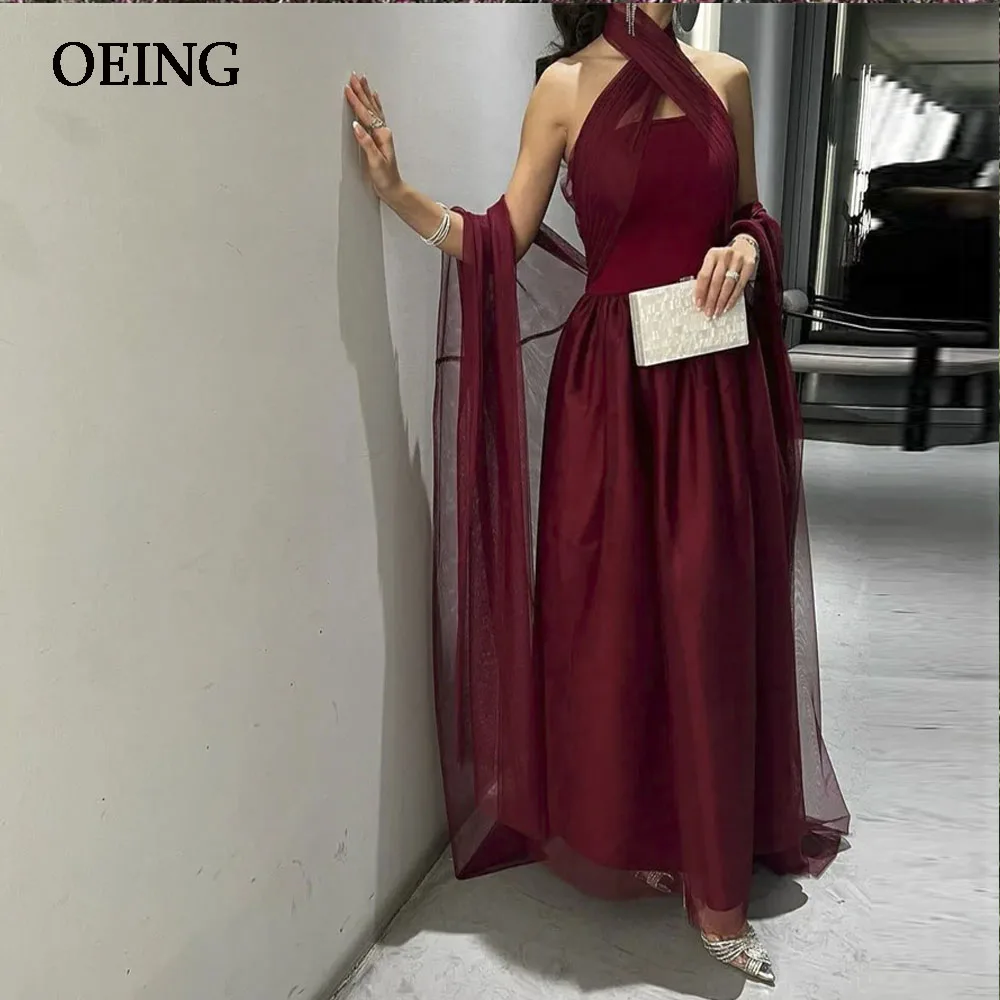

Женское вечернее платье до щиколотки, элегантное красное Тюлевое платье с лямкой на шее, платье для выпускного вечера