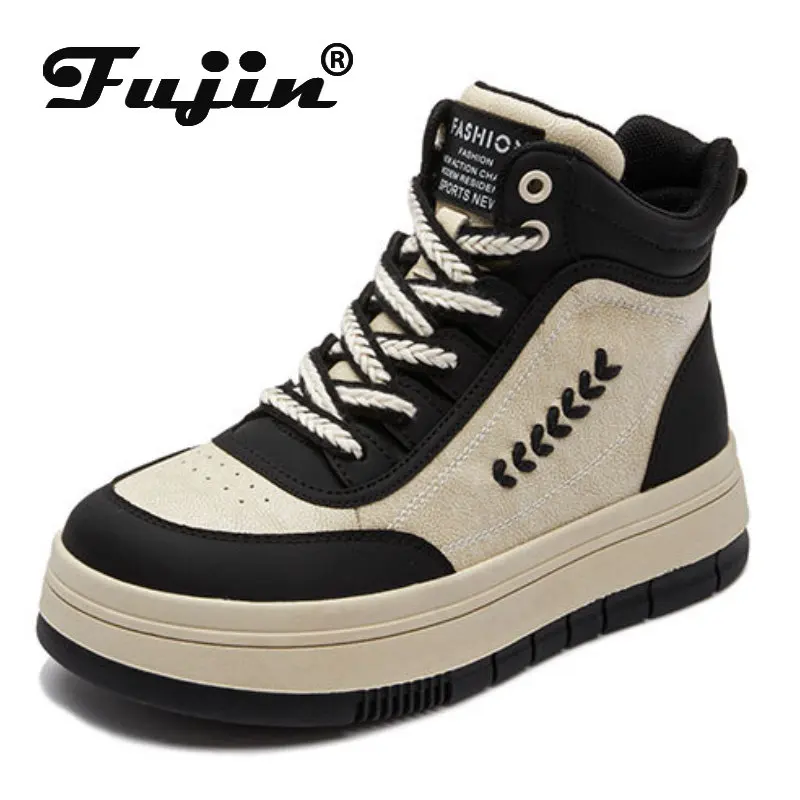 

Fujin 4.5cm Natural Cow Genuine Leather Platform Wedge Sneakers Spring Autumn Boots for Women Fashion Females Flat Comfy Booties