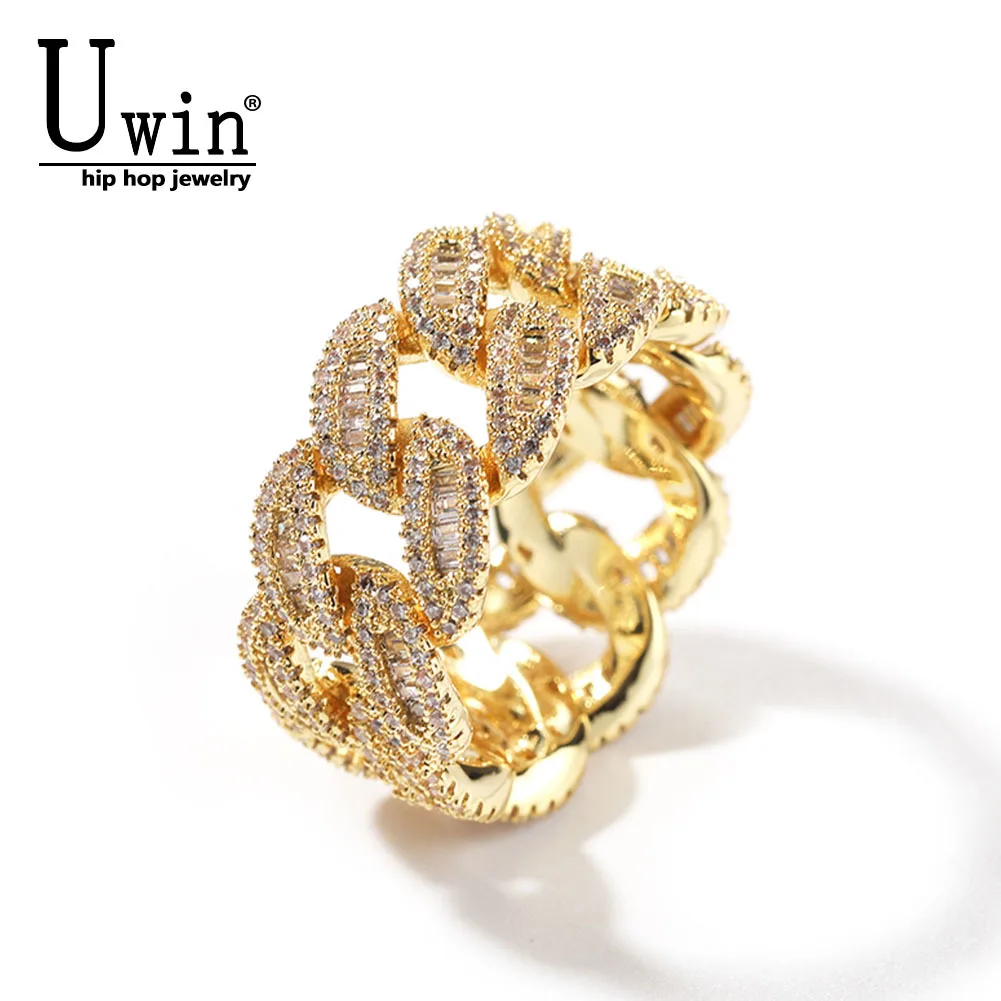 Uwin Cuban Link Rings Baguette Miami Full Paved Out  Cubic Zirconia Engagement Ring HipHop Punk Jewelry For Men Women