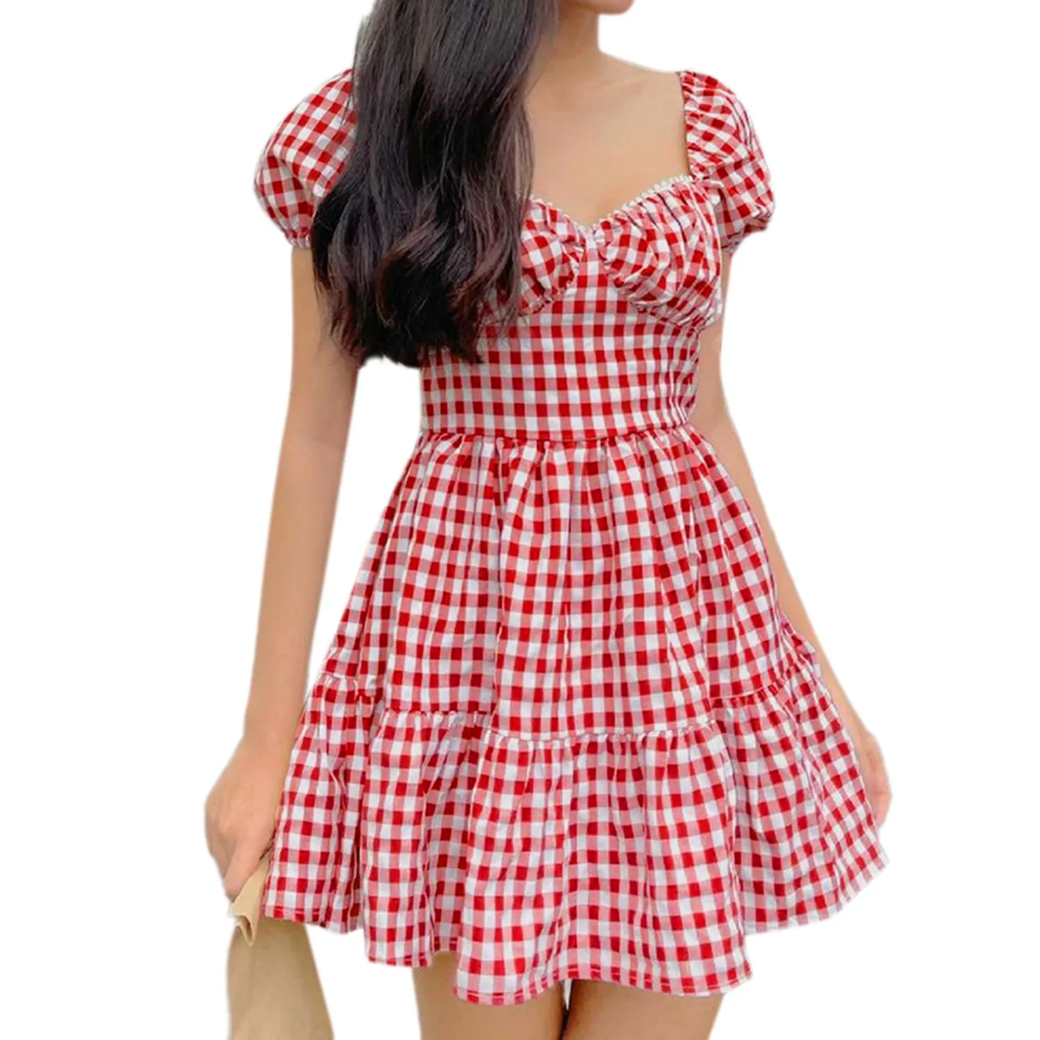 

Backless Plaid Print Sweet Sexy Short Dress Summer Square Collar Puff Sleeve Elegant Ladies Dresses Korean Kawaii