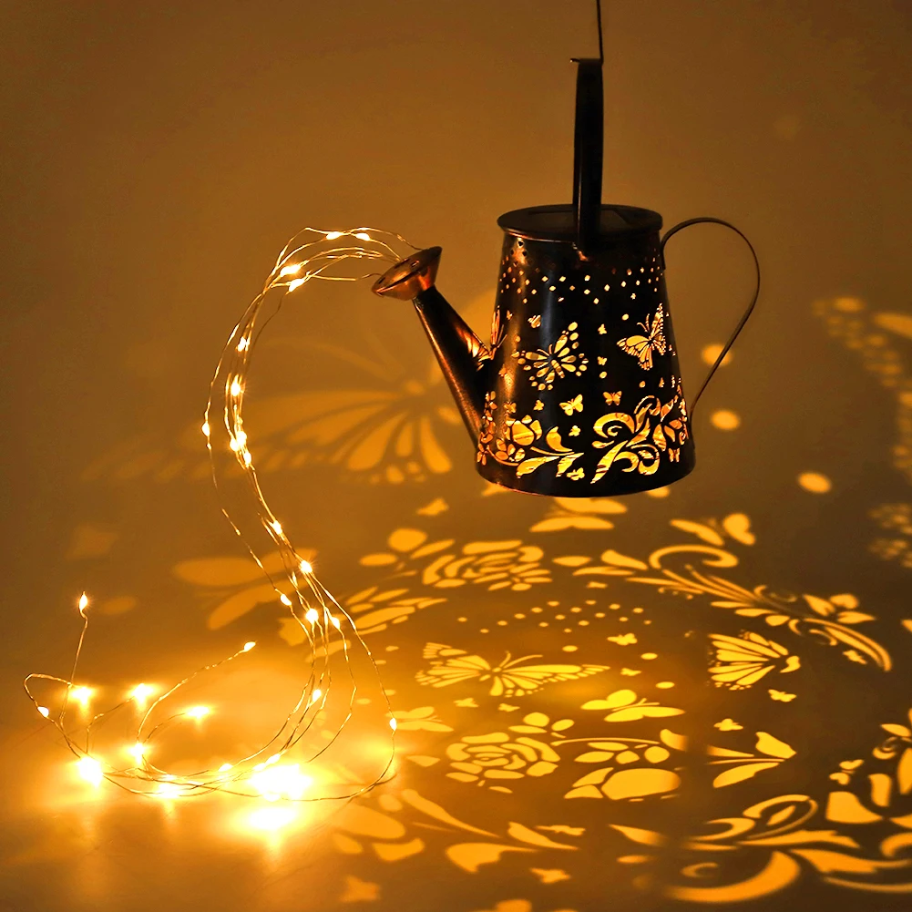 

Solar Watering Can Lights Iron Hollow Kettle Lantern Light Metal Retro Garden Hanging Lamps for Outdoor Walkway Yard Pathway