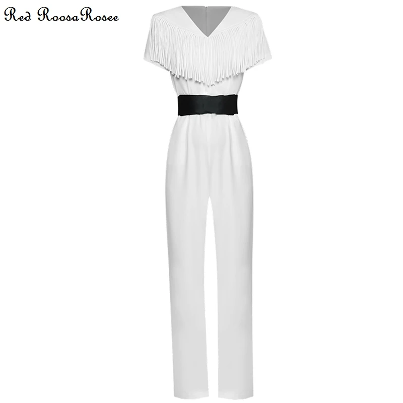 

Red RoosaRosee Sexy V-neck Collar Short Sleeve Tassels Long Straight Romper Office White Black Jumpsuit Female 2022 Summer