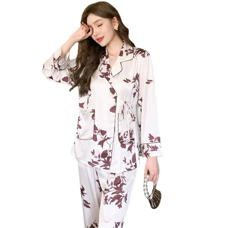2023 Spring and Autumn New Ice Silk Pajamas Women's Long-Sleeved Trousers Lace-up Leaves Picturesque Printing Cardigan Homewear