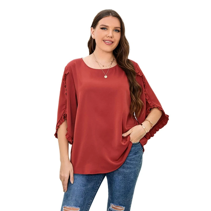 

New style Loose Fitted O-Neck Women Tee Shirts Tops Solid Color Ruffle Sleeve Tunic Blouse
