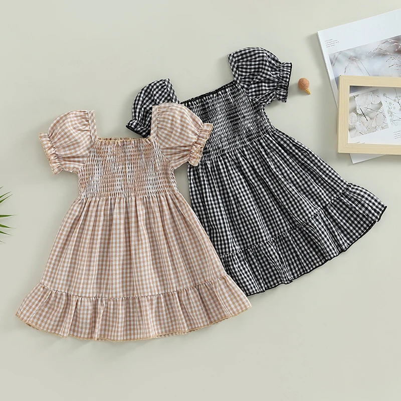

Toddler Baby's Clothes Girls Summer Casual Dress Short Puff Sleeve A-line Plaid Dress for Party Travel Children's Clothing