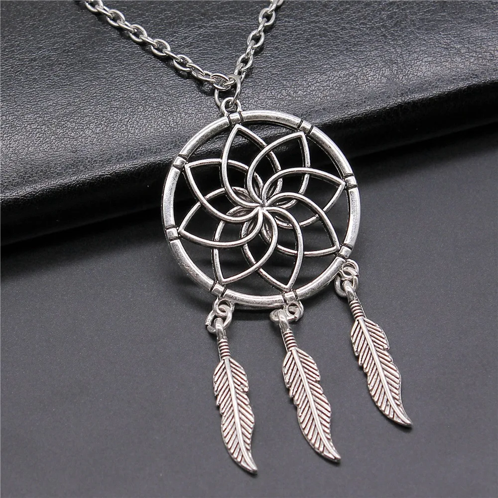 Ожерелье с кулоном «Ловец снов» для мужчин и женщин, винтажная модная цепочка под античное серебро, длина 35 х71 мм