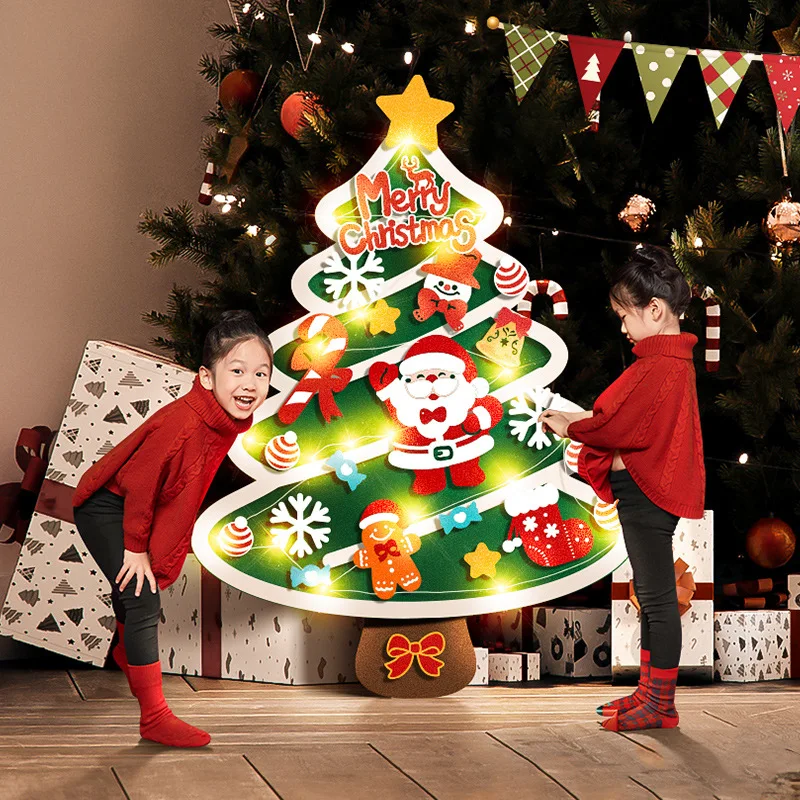 

Home Decoration DIY Felt Christmas Tree Wall Hanging Artificial Xmas Tree with Santa Claus Snowflakes Ornament New Year Kid Gift