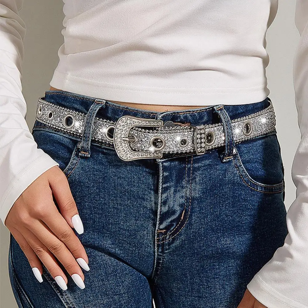 Trendy Waist Belt Sequin Wear Resistant Bling Faux Leather Waist Belt  Female Buckles Belt Fashion Accessory